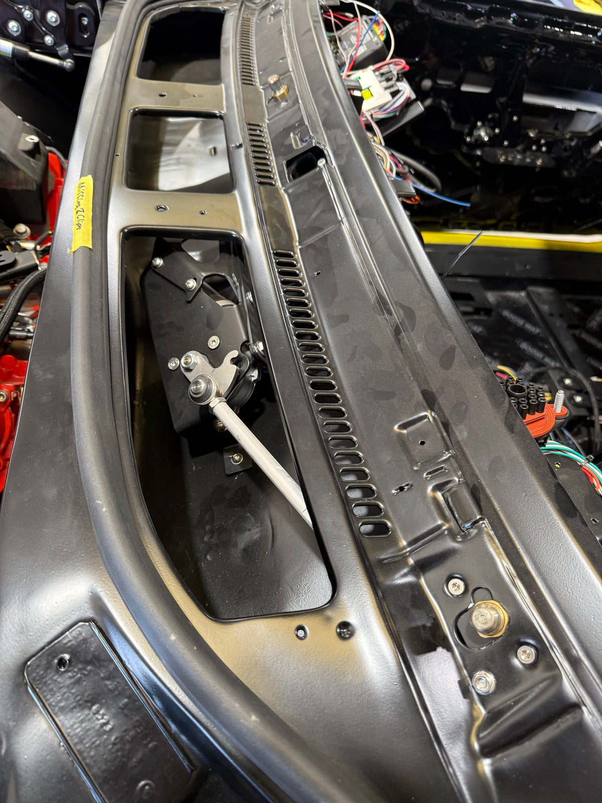 Hidden wiper motor and linkage mounted inside the cowl of a 1970-72 Chevelle